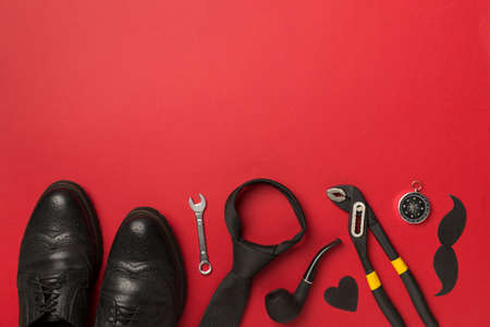 Father's Day accessories on color background, top view.の写真素材