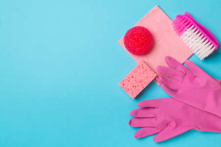 Many different house cleaning products on color background, top view.の写真素材