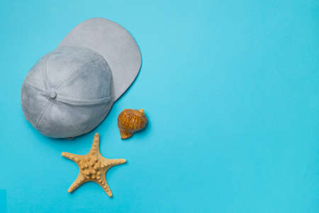 Blue cap and seashells on color background, top view.の写真素材