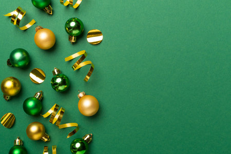 Christmas balls on color background, top view.の写真素材