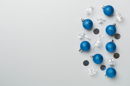 Christmas balls on color background, top view.の写真素材