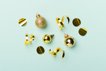 Christmas balls on color background, top view.の写真素材