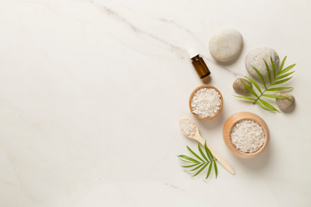 Composition with spa products on marble background, top view.の写真素材