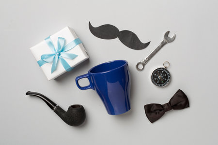 Father's Day accessories on color background, top view.の写真素材
