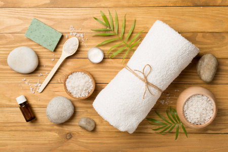 Composition with spa products on wooden background, top view.の写真素材