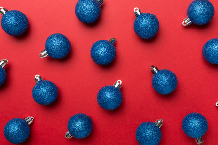 Christmas balls on color background, top view.の写真素材