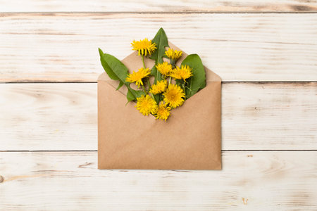 Yellow dandelions in envelope on color background, top view.