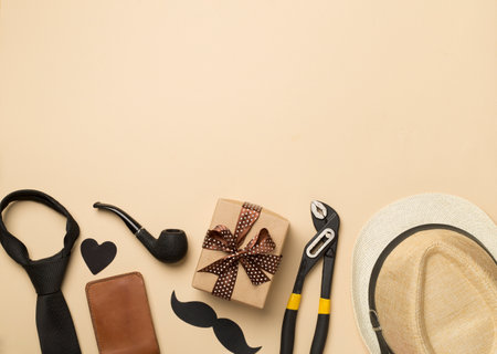 Father's Day accessories on color background, top view.の写真素材