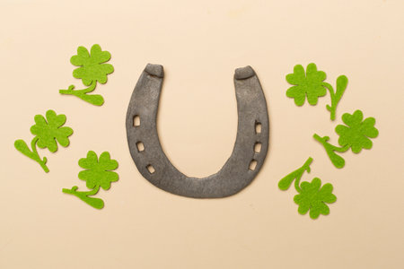 Horseshoe with clover on color background, top view. St. Patricks day concept