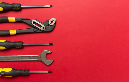 Set of tools on color background, top viewの写真素材