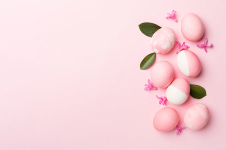 Pink Easter eggs on color background, top viewの写真素材