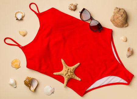 Beautiful red bikini and accessories on color background, top view.の写真素材