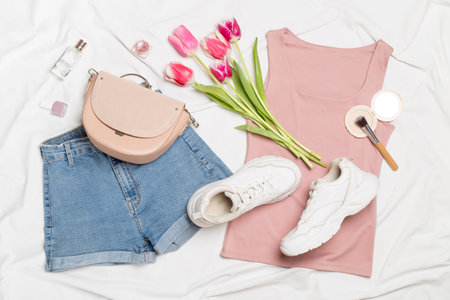 Stylish summer outfit on white sheet background, top viewの写真素材