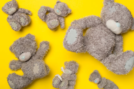 Cute teddy bears on color background, top viewの写真素材