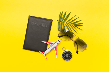 Traveler accessories on color background, top viewの写真素材