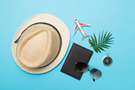 Traveler accessories on color background, top viewの写真素材