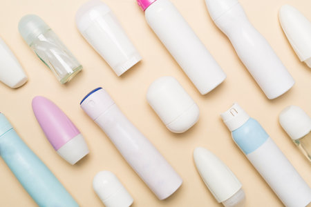 Many different deodorants on color background, top viewの写真素材