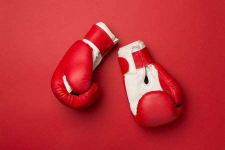 Red boxing gloves on color background, top view.の写真素材