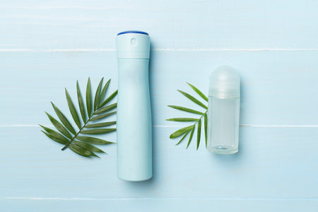 Natural deodorant on wooden background, top view
