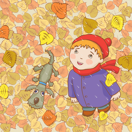 image of the kid with a pet on a stroll in the autumn park.のイラスト素材