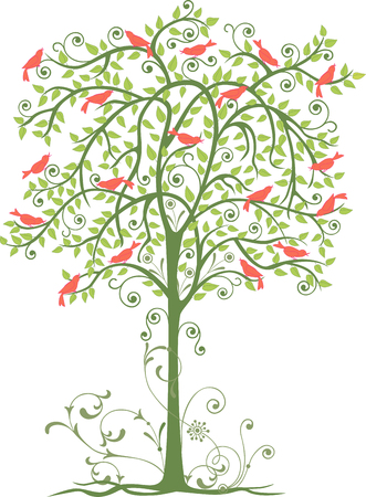 The image of a decorative tree with singing birds.のイラスト素材