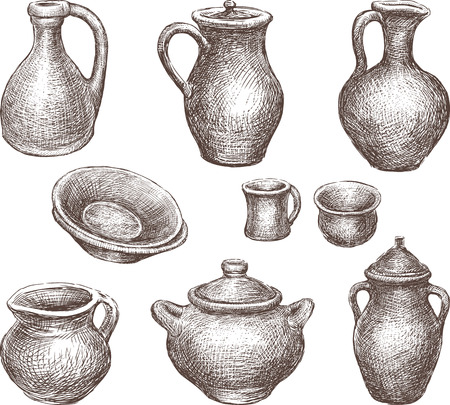 Vector drawing of the clay pottery collection.のイラスト素材