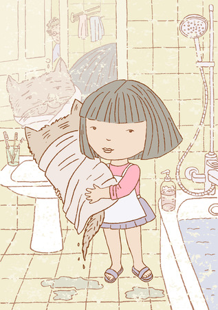 Vector drawing of a little girl with her cat in the bathroom.のイラスト素材
