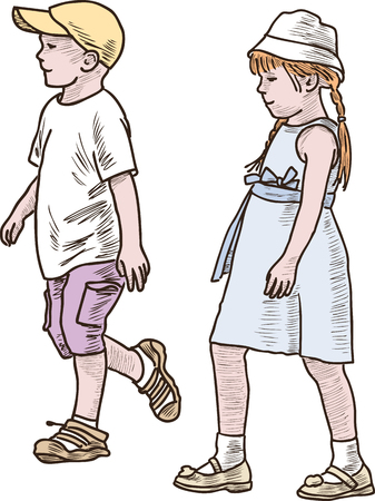 Vector drawing of the kids on a stroll.のイラスト素材