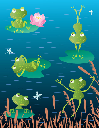 Vector illustration of the cheerful frogs on the bog.のイラスト素材