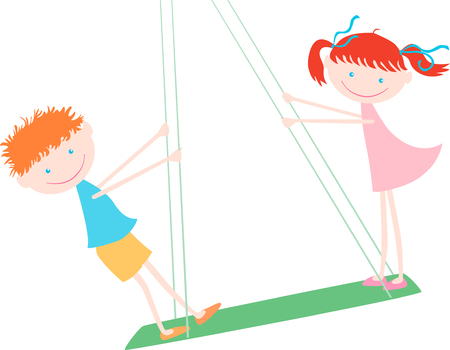 Vector image of a two-cheerful children on a swing.のイラスト素材