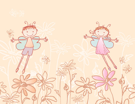 The vector image of the flying elves in the summer meadow.のイラスト素材