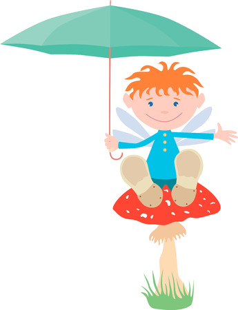 Vector drawing of a cheerful elf sitting on a mushroom.のイラスト素材