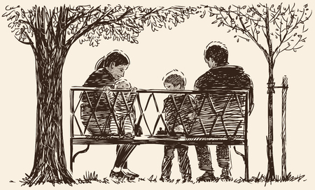 Vector Drawing Of The Happy Family On The Park Bench Royalty Free Vector Graphics
