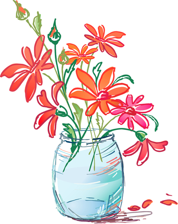 The vector image of bouquet of a flowers  in a glass pot, drawn by a colour penciland watercolor.のイラスト素材