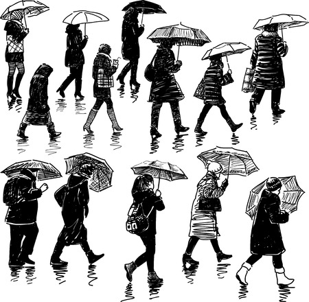 Vector sketches of the townspeople in the rain.のイラスト素材