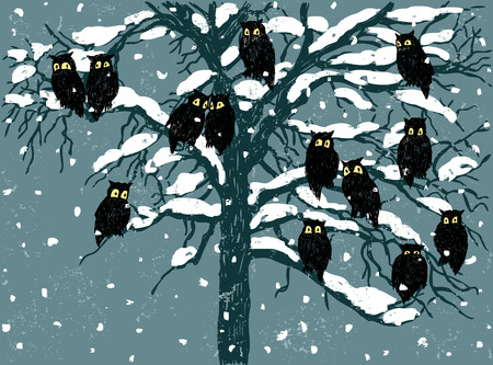 Vector drawing of the owls in a winter snow day.のイラスト素材
