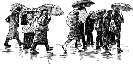 Vector image of a crowd of city dwellers in the rain.のイラスト素材