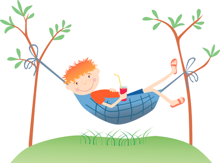 The vector image of a ridiculous redheaded boy having a rest in a hammock.のイラスト素材