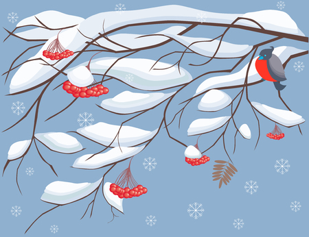 The vector image a vector of branches of a mountain ash tree under snow with a sitting bird.のイラスト素材