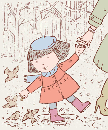 The vector drawing of the little girl with mum on walk in spring parkのイラスト素材