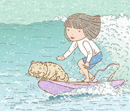 A little girl with her cat on a surfboard on a sea waveのイラスト素材