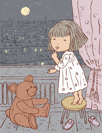 The vector drawing of a little girl looking on the moon.のイラスト素材