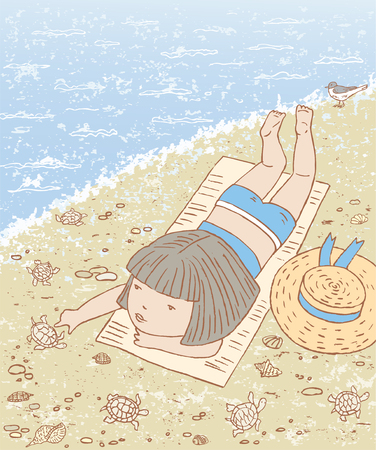 Vector drawing of a little girl on seacoast.のイラスト素材