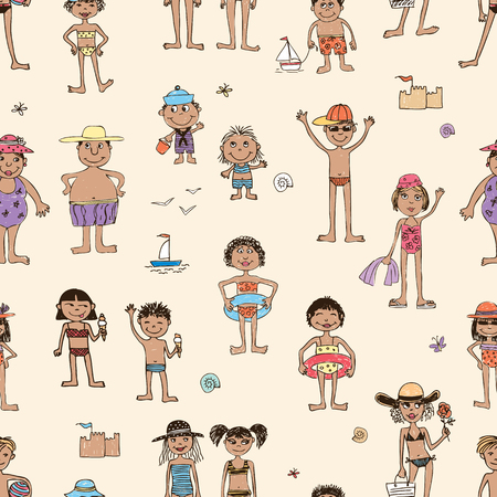 Vector background of the funny cartoon people on the beachのイラスト素材
