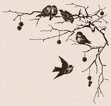 The sparrows on the tree branches in winterのイラスト素材