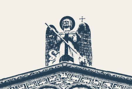 Angel with waving wings on the roof of the church of San Michele in Foro in Lucca, Tuscanyのイラスト素材