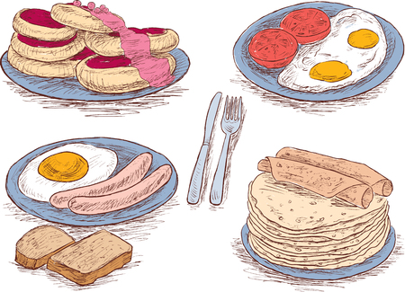 Hand drawings of the food for a breakfastのイラスト素材