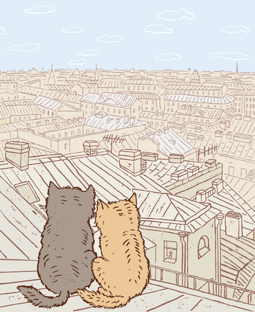Couple of city cats sit on the rooftopのイラスト素材