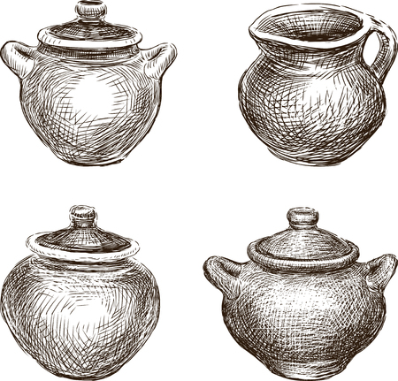 Set of the various clay potsのイラスト素材