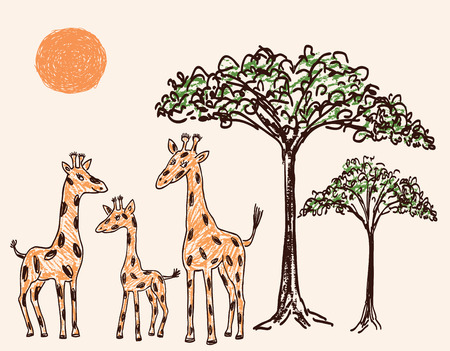 Family of giraffes in the hot savanna Vector illustration.のイラスト素材